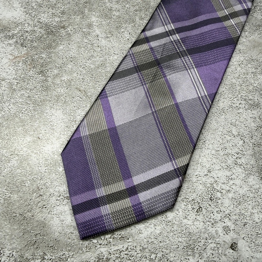 Ck Calvin Klein Silk Tie Mens One Size Purple Plaid Made In China Necktie